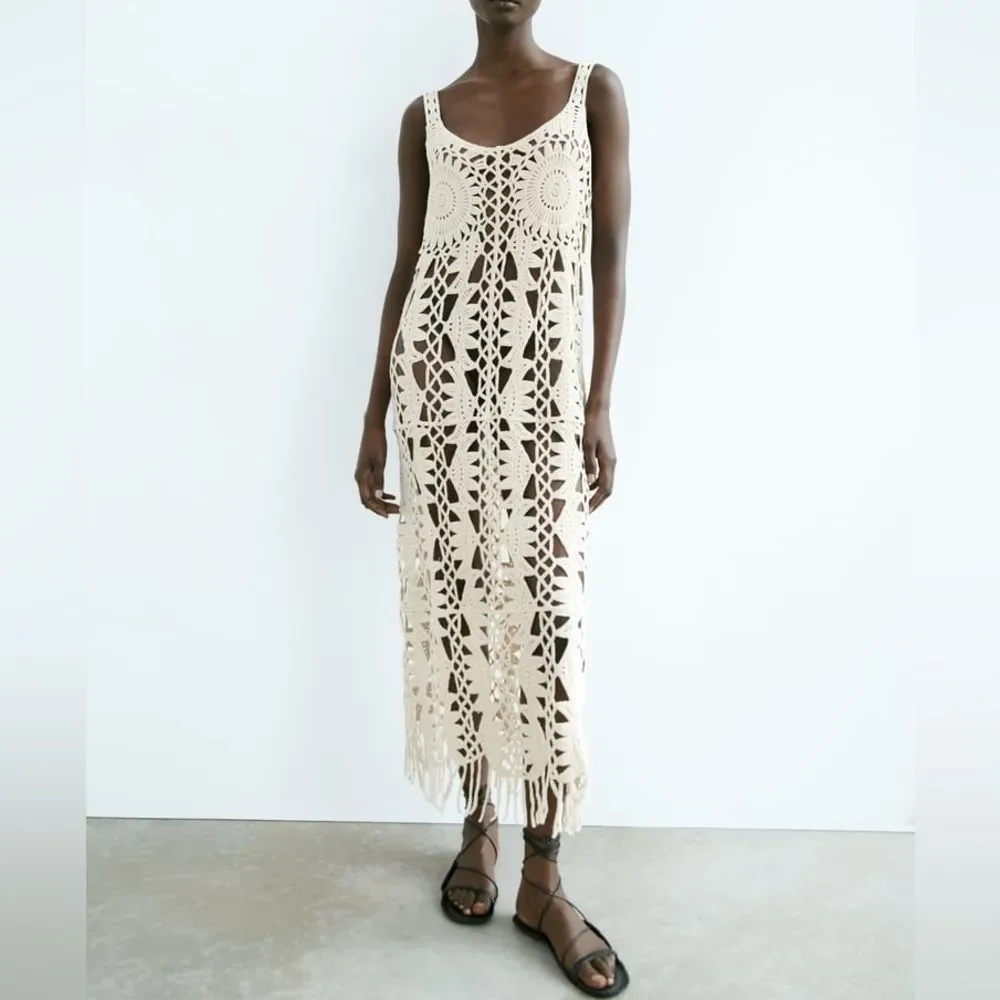ZARA MACRAMÉ FRINGED KNIT DRESS - Picture 10 of 10